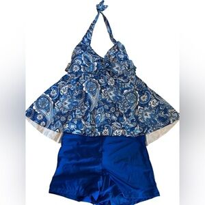 SHEIN Curve Paisley Blue & White Swim Dress with Halter Top Boy Shorts 4XL = 20W